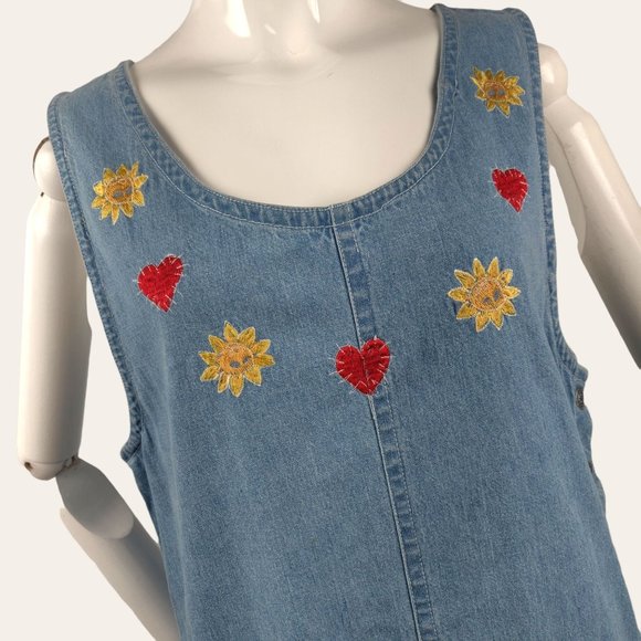 Vintage 1990s Celestial Heart Jumper Dress Chambray Applique Folk Art Grunge 8 - Picture 3 of 13